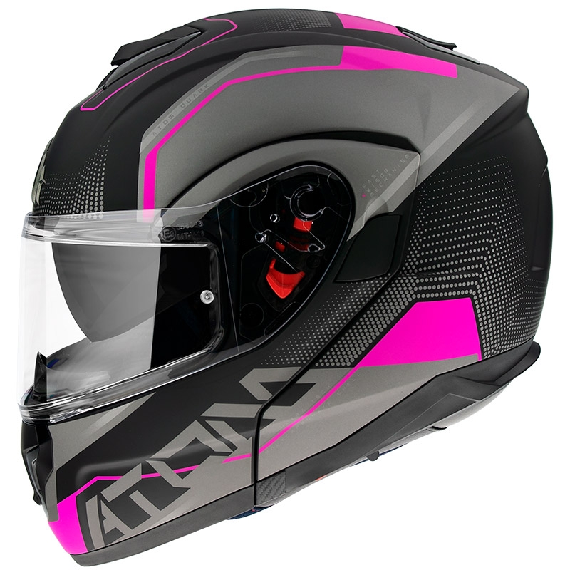 Casque de moto MT Atom SV Quark noir-gris-rose à visière relevable soldes