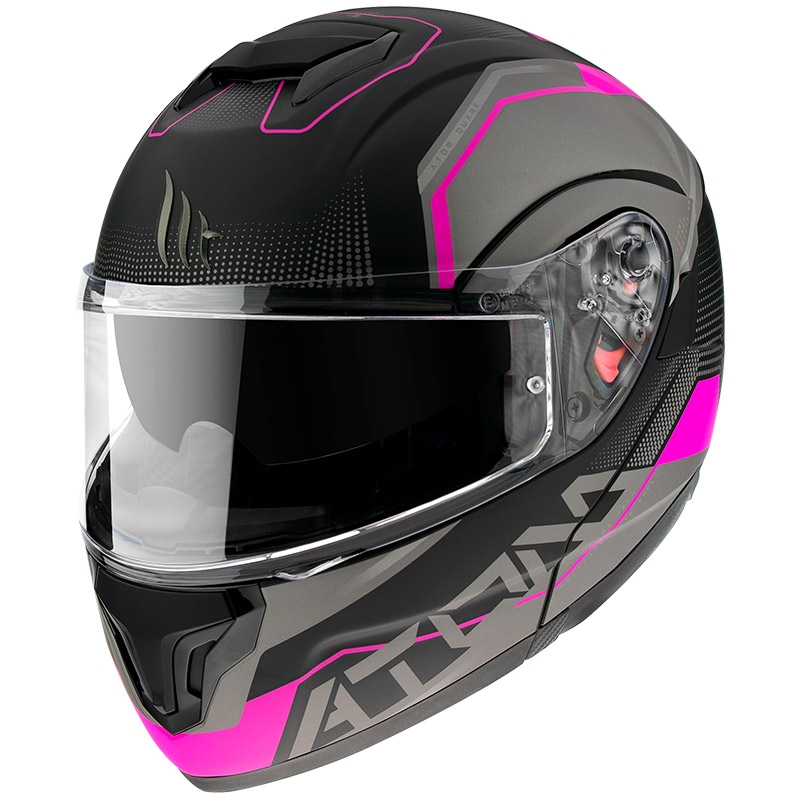 Casque de moto MT Atom SV Quark noir-gris-rose à visière relevable soldes