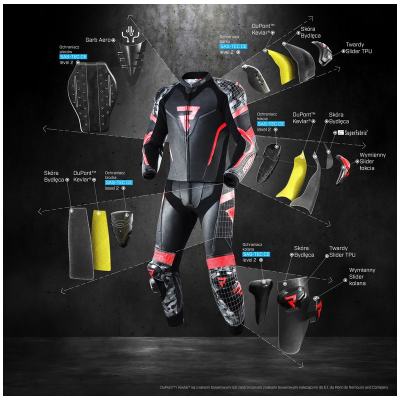 Combinaison de moto Rebelhorn Rebel noir-blanc-rouge fluo soldes