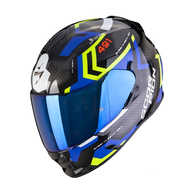 Casque moto intégral SCORPION EXO-491 SPIN noir-bleu-jaune fluo soldes