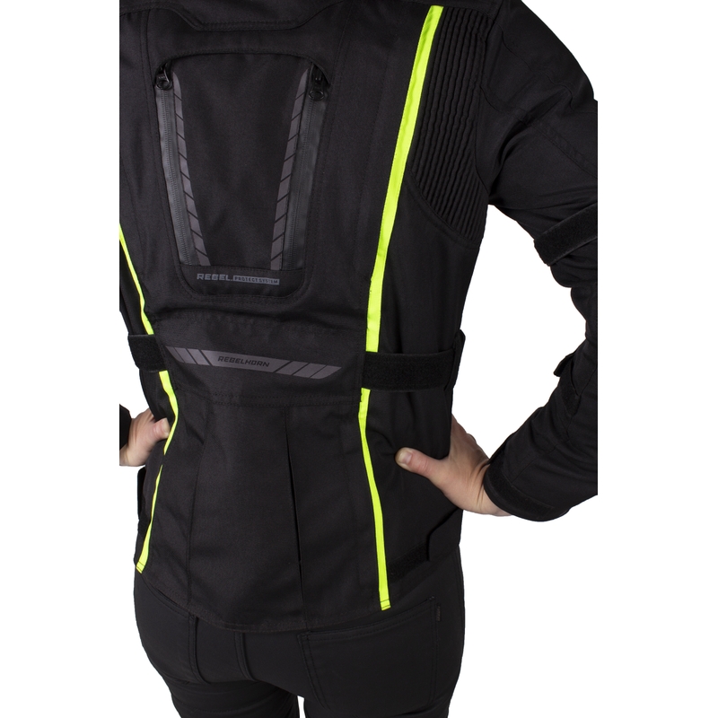 Veste moto pour femme Rebelhorn Hiker III noir-jaune fluo soldes