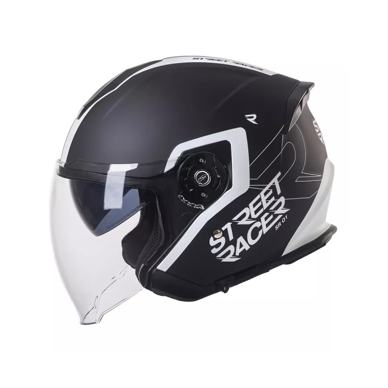 Casque de moto ouvert Street Racer SR 01 noir et blanc