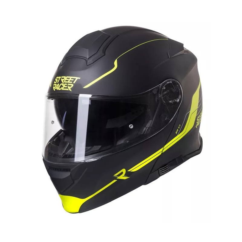 Casque de moto Street Racer SR V1 noir-jaune fluo à visière relevable soldes
