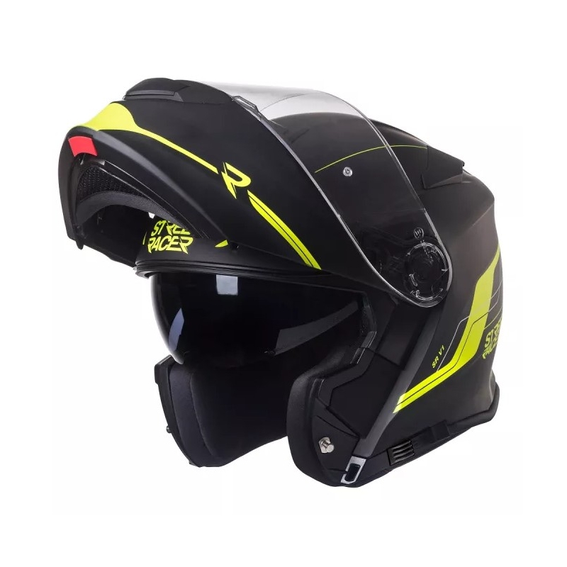 Casque de moto Street Racer SR V1 noir-jaune fluo à visière relevable soldes