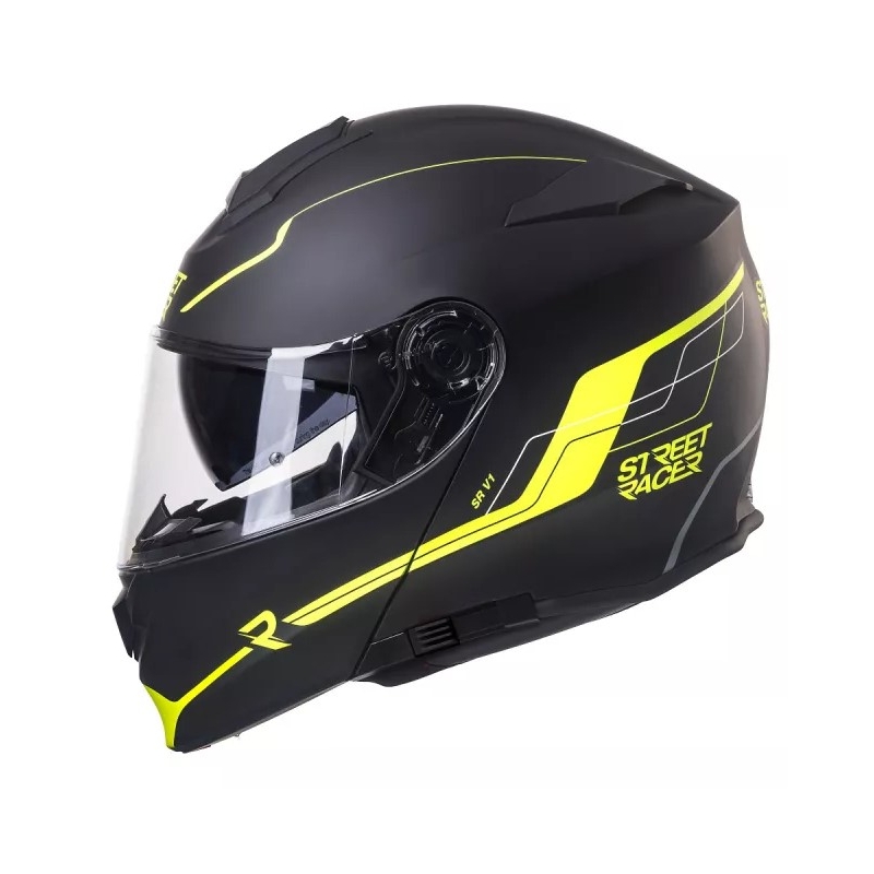Casque de moto Street Racer SR V1 noir-jaune fluo à visière relevable soldes
