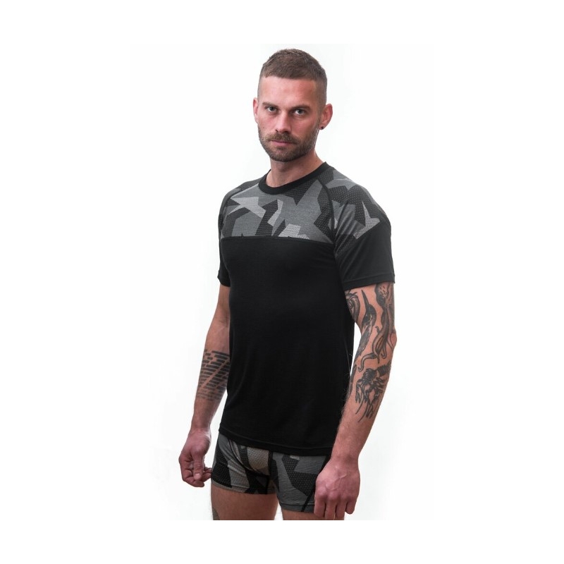 Pánské termo triko Sensor Merino Impress černo-maskáčové - krátký rukáv výprodej