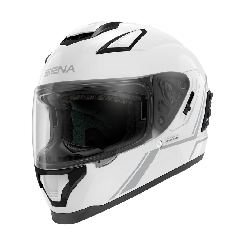 Casque intégral de moto SENA Stryker blanc brillant avec système de ventilation Mesh.