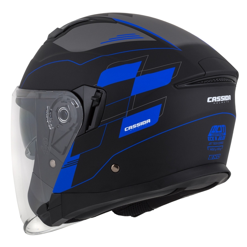 Casque moto ouvert Cassida Jet Tech Roxor noir-gris-bleu mat
