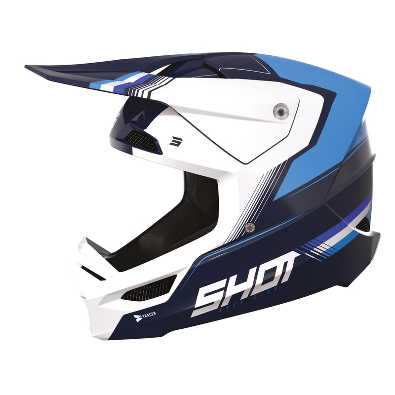 Casque Motocross Shot Race Tracer blanc-bleu soldes