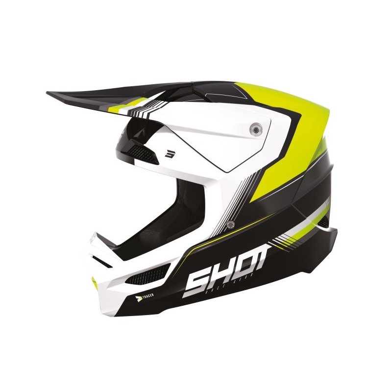 Casque motocross Shot Race Tracer blanc-noir-jaune fluo soldes