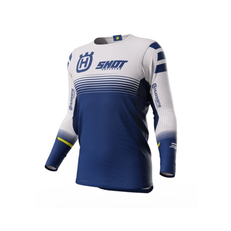 Maillot de motocross Shot Aerolite Husqvarna LE 2023 blanc-bleu soldes