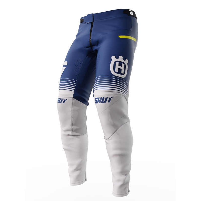 Pantalon motocross Shot Aerolite Husqvarna LE blanc-bleu vente soldes