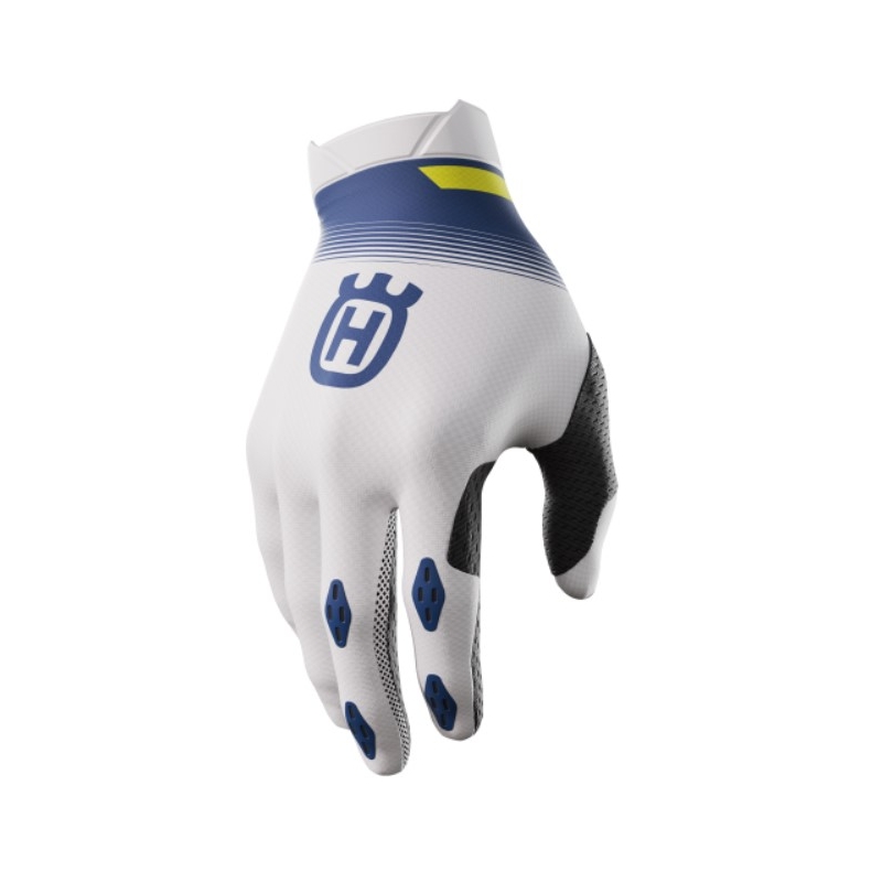 Gants de motocross Shot Aerolite Husqvarna LE blanc-bleu en solde soldes