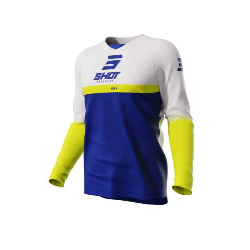 Maillot motocross enfant Shot Raw Kid Reflex blanc-jaune-bleu soldes