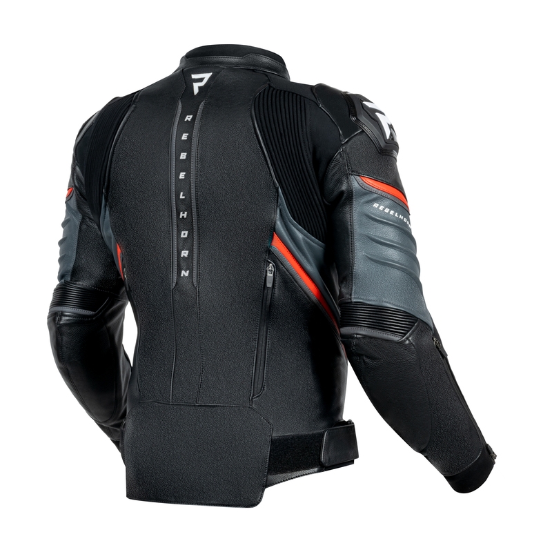Veste de moto en cuir Veloce noir et rouge fluo de Rebelhorn