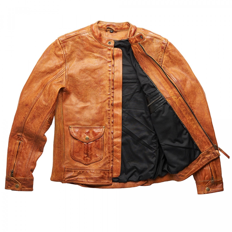 Fuel Bourbon Brown Leather Motorcycle Jacket soldes
