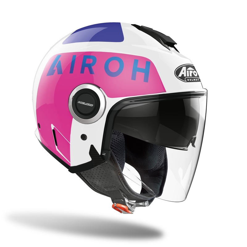 Casque moto ouvert Airoh Helios Up 2022 blanc-bleu-rose soldes