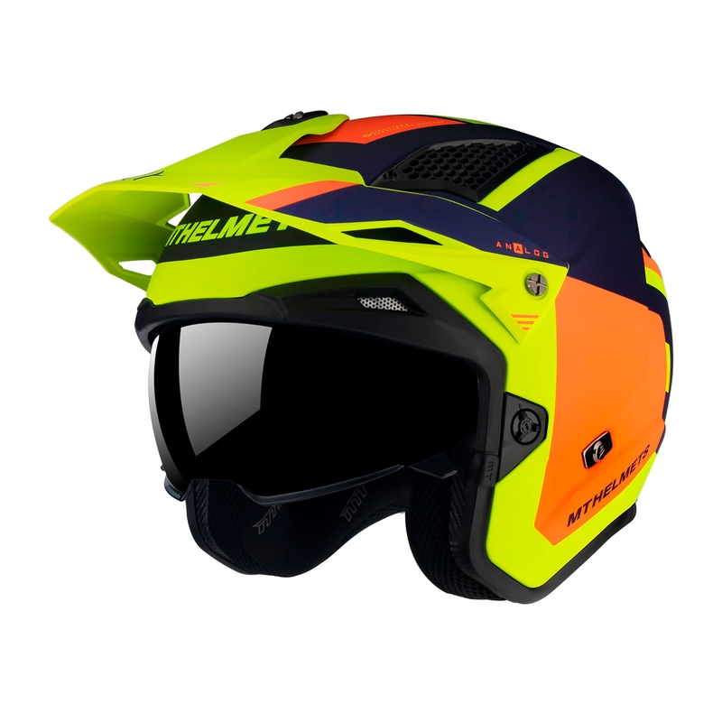 Casque moto MT District SV Analog D27 bleu-orange-jaune fluo open trial