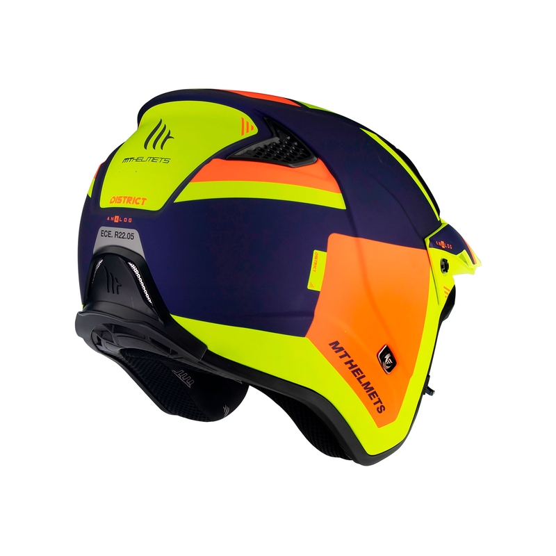 Casque moto MT District SV Analog D27 bleu-orange-jaune fluo open trial