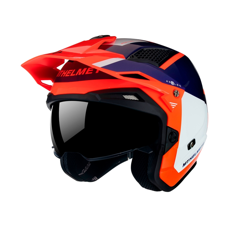 Casque moto MT District SV Analog D5 bleu-blanc-orange fluo open trial