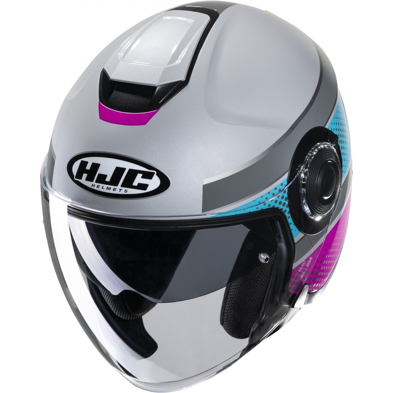 Casque moto ouvert HJC i40 Tolan MC28 rose-bleu-gris