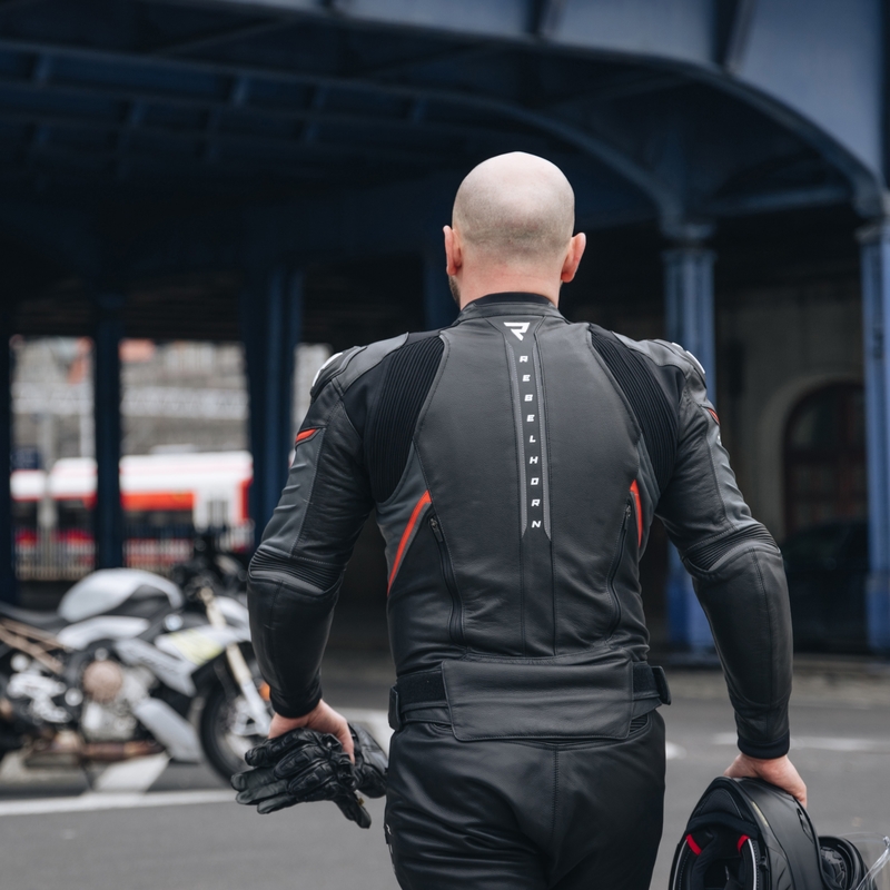 Veste de moto en cuir Veloce noir et rouge fluo de Rebelhorn