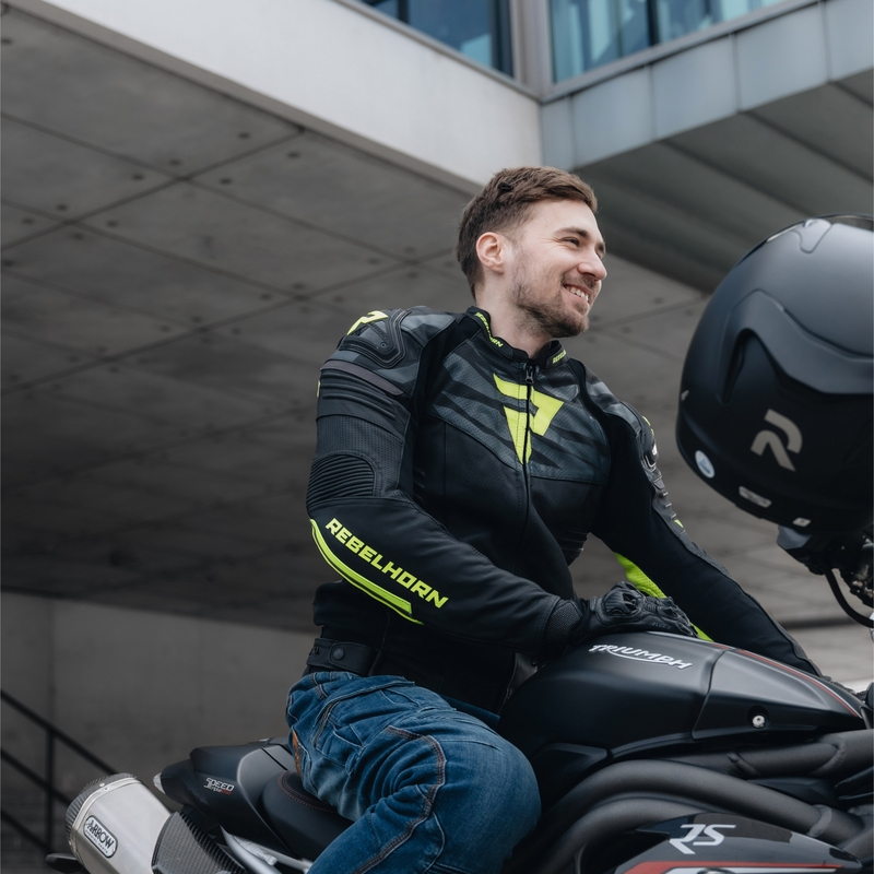 Veste de moto en cuir noir et jaune fluo Rebelhorn Vandal soldes