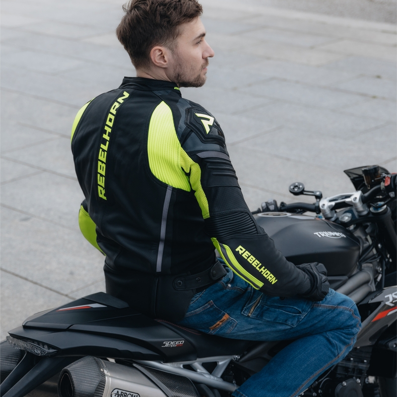 Veste de moto en cuir noir et jaune fluo Rebelhorn Vandal soldes