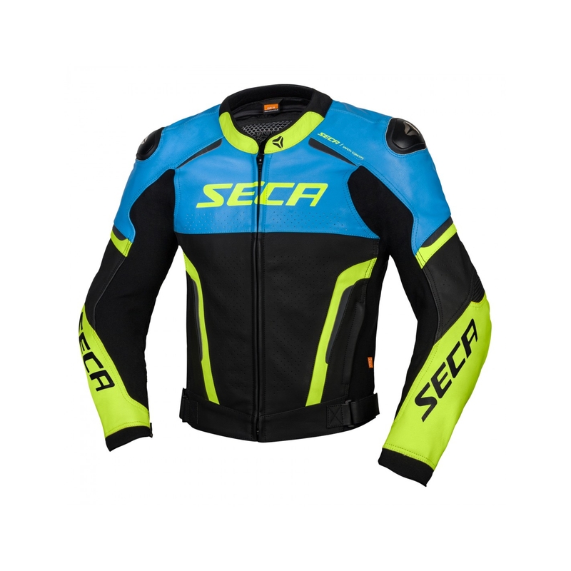 Blouson moto cuir SECA Hooligan bleu-jaune fluo soldes