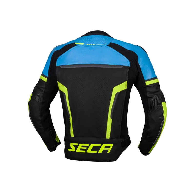 Blouson moto cuir SECA Hooligan bleu-jaune fluo soldes