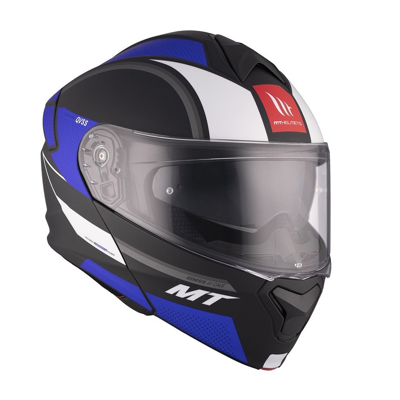 Casque de moto MT Genesis SV Cave A7 noir-blanc-bleu mat à charnière