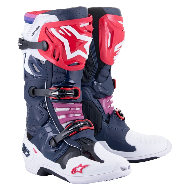 Bottes de moto perforées Alpinestars Tech 10 Supervented bleu foncé-blanc-rouge-violet