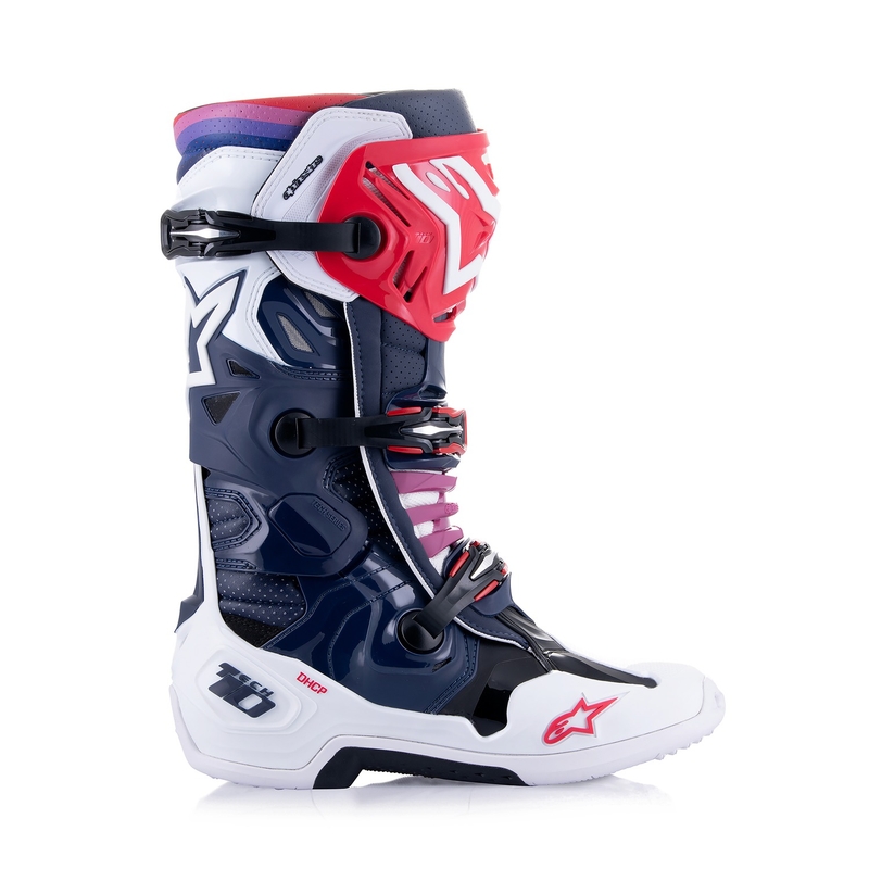 Bottes de moto perforées Alpinestars Tech 10 Supervented bleu foncé-blanc-rouge-violet