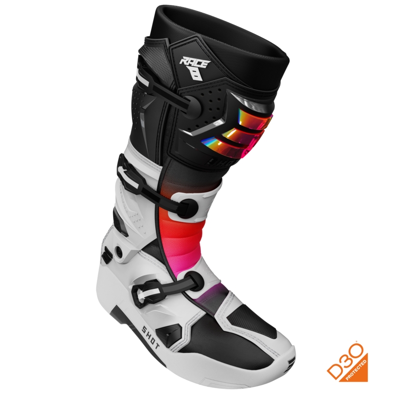 Bottes de motocross Shot Race 8 Holographiques blanches, noires et roses