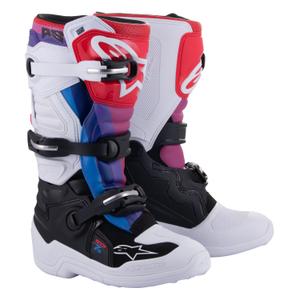 Bottes de motocross Alpinestars Tech 7 S 2024 pour enfants blanc-noir-rouge-bleu-violet