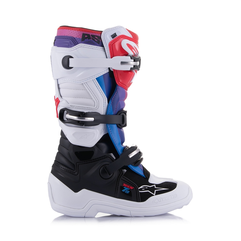 Bottes de motocross Alpinestars Tech 7 S pour enfant, blanc, noir, rouge, bleu et violet