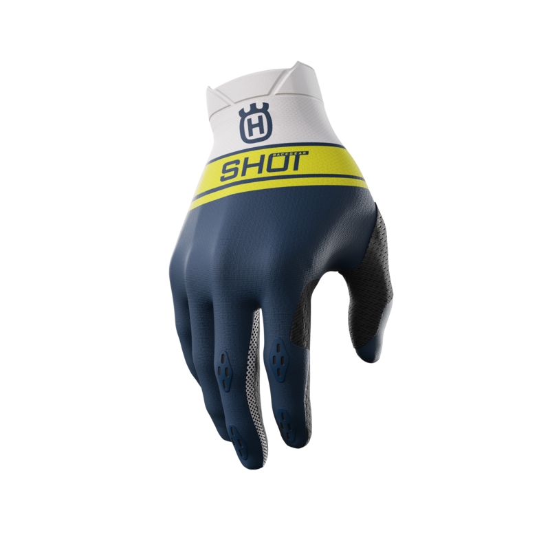 Gants de motocross Shot Aerolite Husqvarna LE blanc-bleu en solde soldes