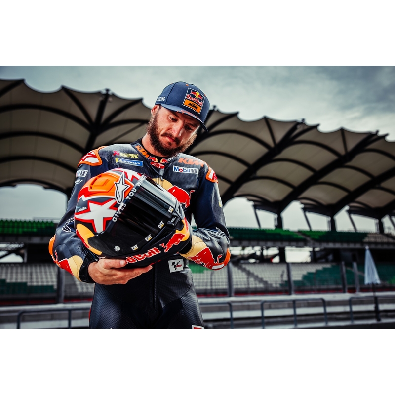 Casque moto intégral Alpinestars Supertech R-10 Team carbone rouge fluo-bleu-blanc mat