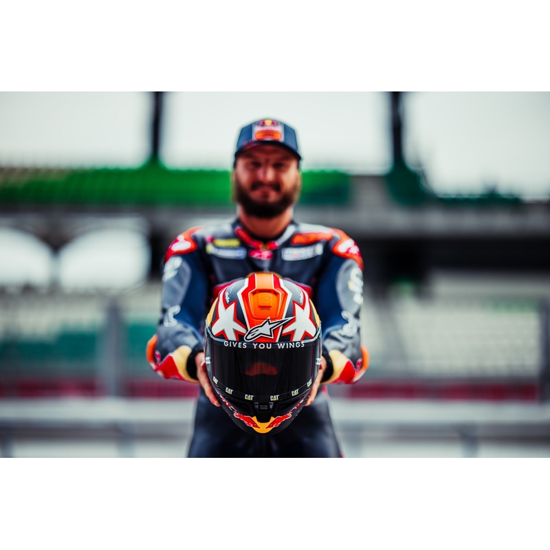 Casque moto intégral Alpinestars Supertech R-10 Team carbone rouge fluo-bleu-blanc mat