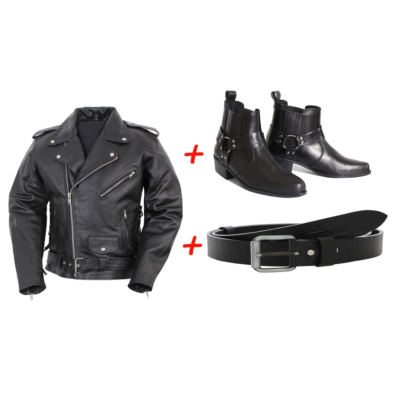 SET : Bottes de cheval RSA KW + ceinture en cuir RSA Classic + veste en cuir RSA Crooked