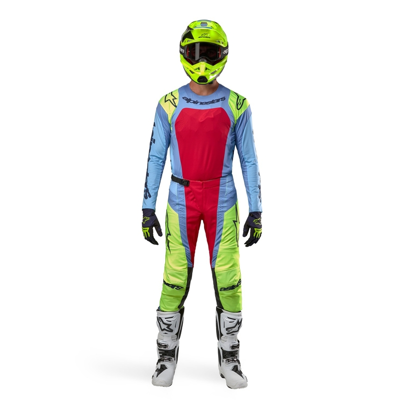 Pantalon motocross Alpinestars Techstar Ocuri bleu clair-jaune fluo-rouge