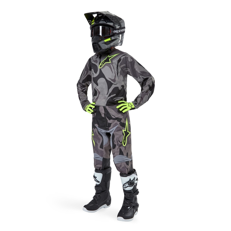 Kids Motocross Jersey Alpinestars Racer Tactical 2024 grey camo-fluo yellow-black
