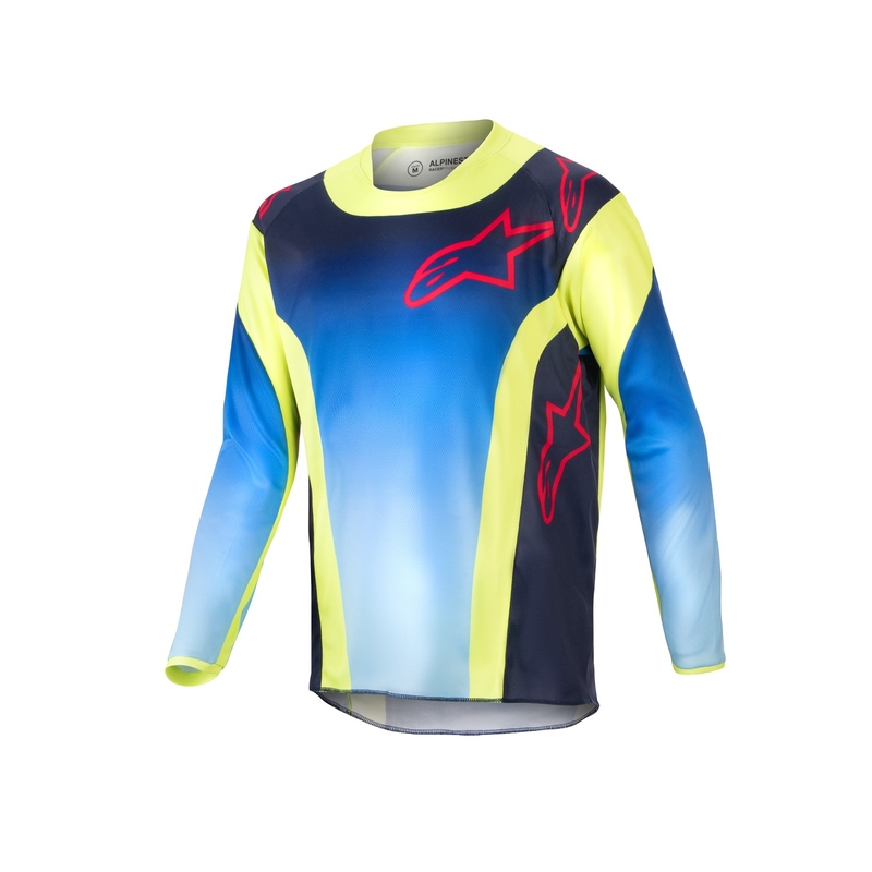 Maillot motocross enfant Alpinestars Racer Hoen 2024 jaune fluo-bleu-rouge