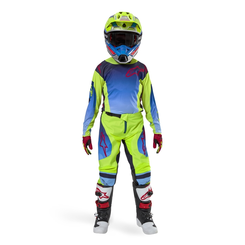 Maillot motocross enfant Alpinestars Racer Hoen 2024 jaune fluo-bleu-rouge