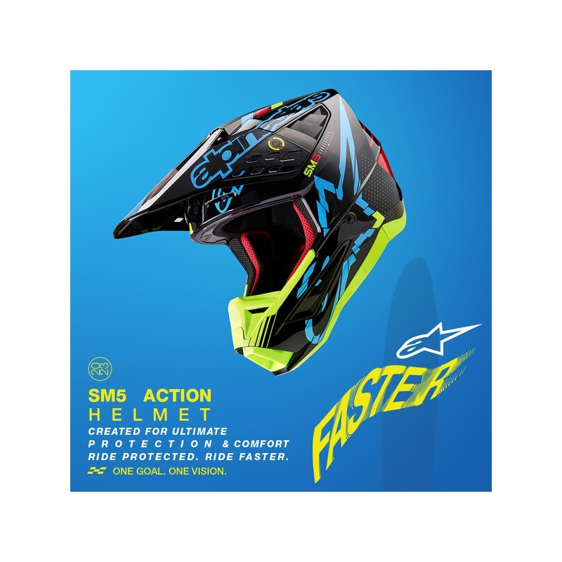 Casque motocross Alpinestars S-M5 Action jaune fluo-noir-bleu-rouge foncé