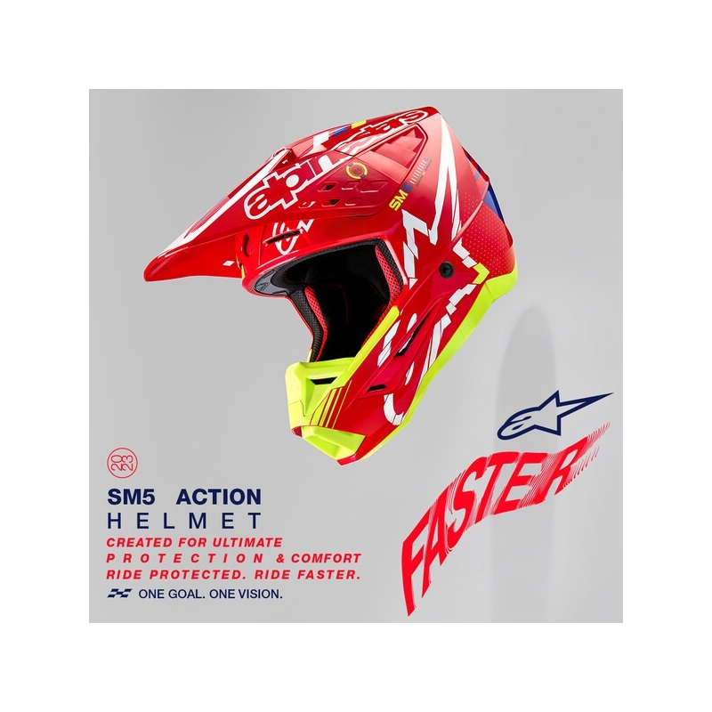 Casque motocross Alpinestars S-M5 Action rouge-jaune fluo-blanc-bleu