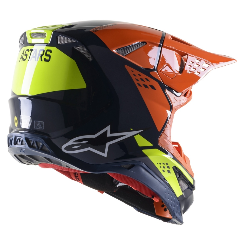 Casque Motocross Alpinestars Supertech S-M8 Factory Bleu Foncé-Orange-Jaune Fluo Brillant