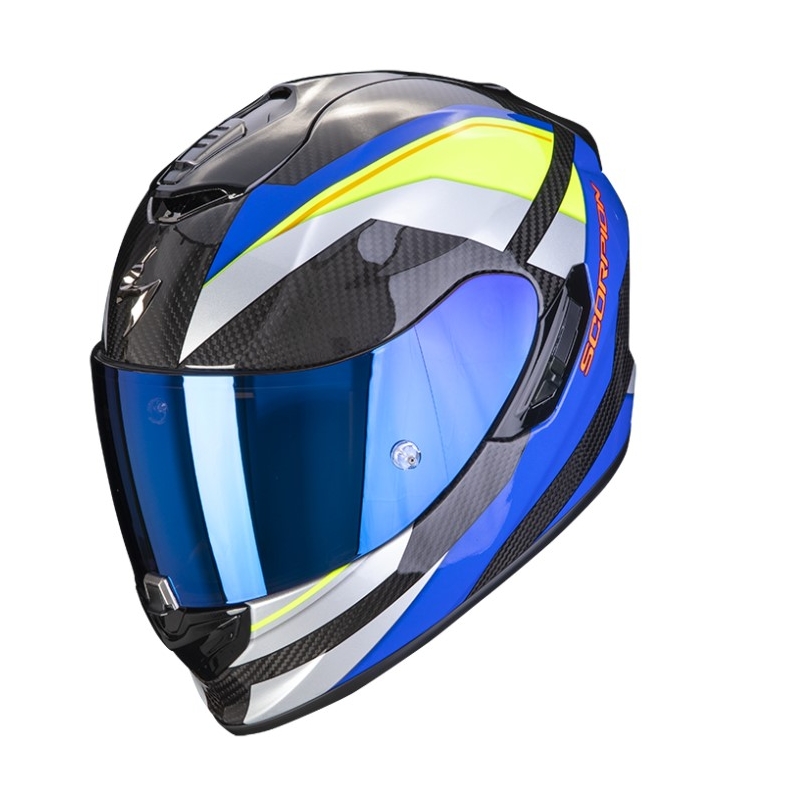Casque moto intégral Scorpion Exo-1400 Carbon Air Legione bleu-jaune fluo - Grade II