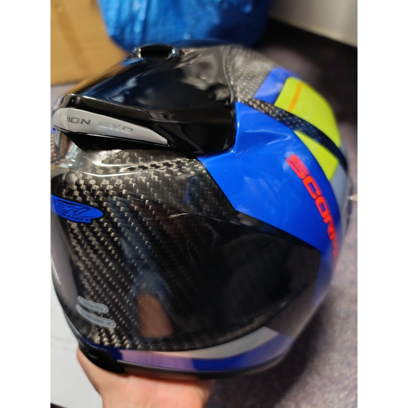 Casque moto intégral Scorpion Exo-1400 Carbon Air Legione bleu-jaune fluo - Grade II
