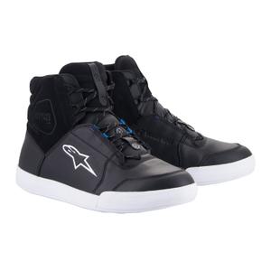 Bottes de moto Alpinestars Chrome Drystar noires, blanches et bleues